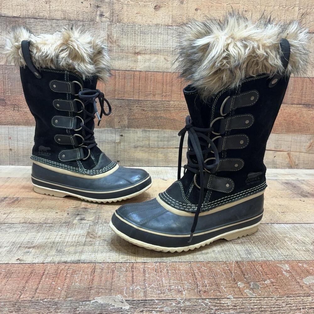 Sorel Joan Of Arctic Boots Womens Size 8 39 Black Suede Faux Fur Snow Waterproof